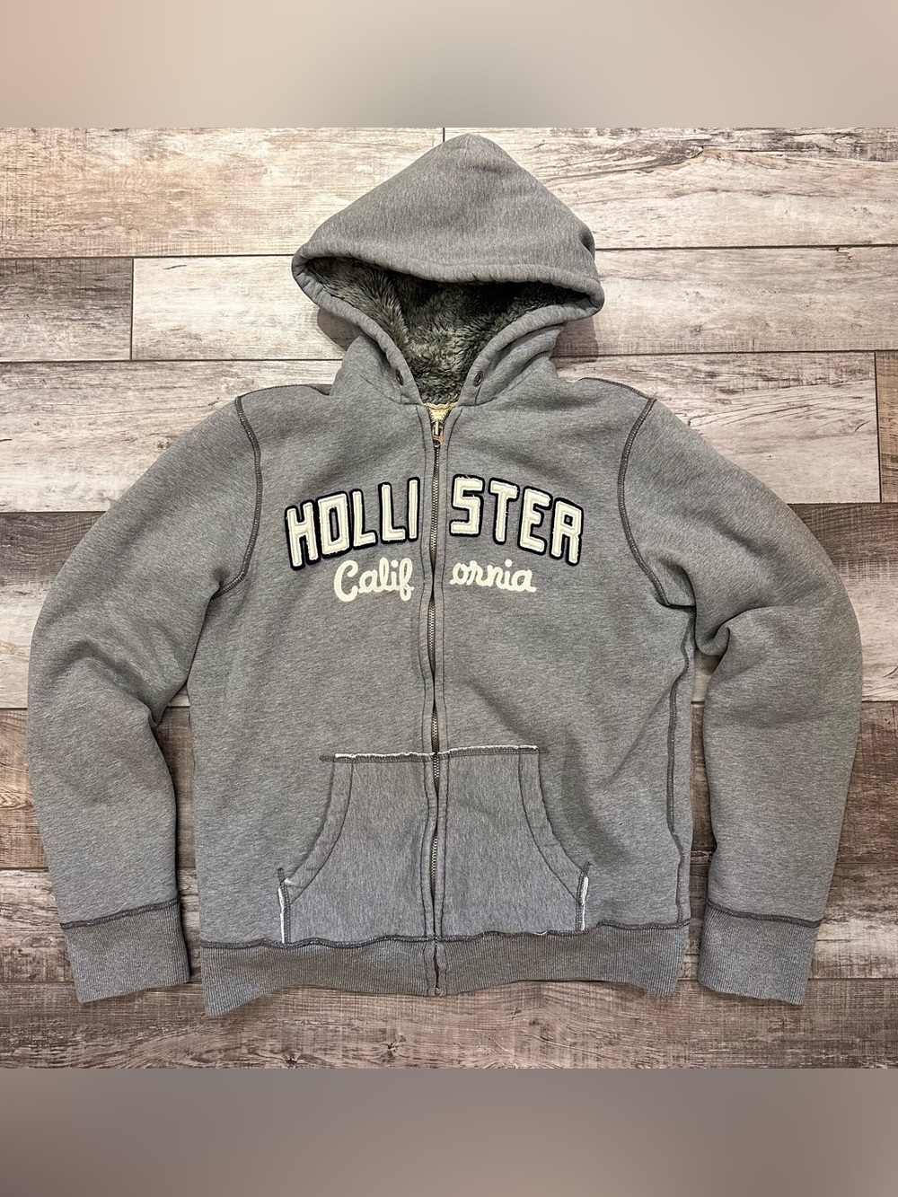 Hollister Heather Gray Sherpa-Lined Zip Hoodie